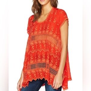 Johnny Was Lilano Georgette Red Embroidered Blouse (Size Large)